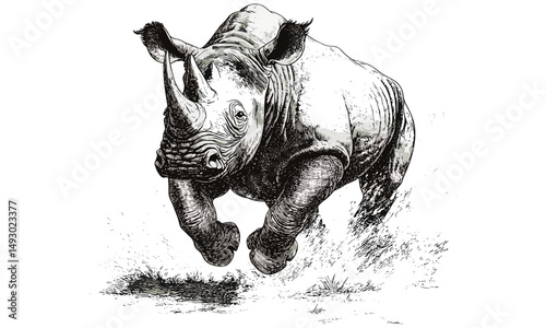 Vintage hand-drawn rhino charging, monochrome safari animal sketch, retro etching style, old engraving, wildlife illustration, endangered species art, nature decor, classic wildlife print
