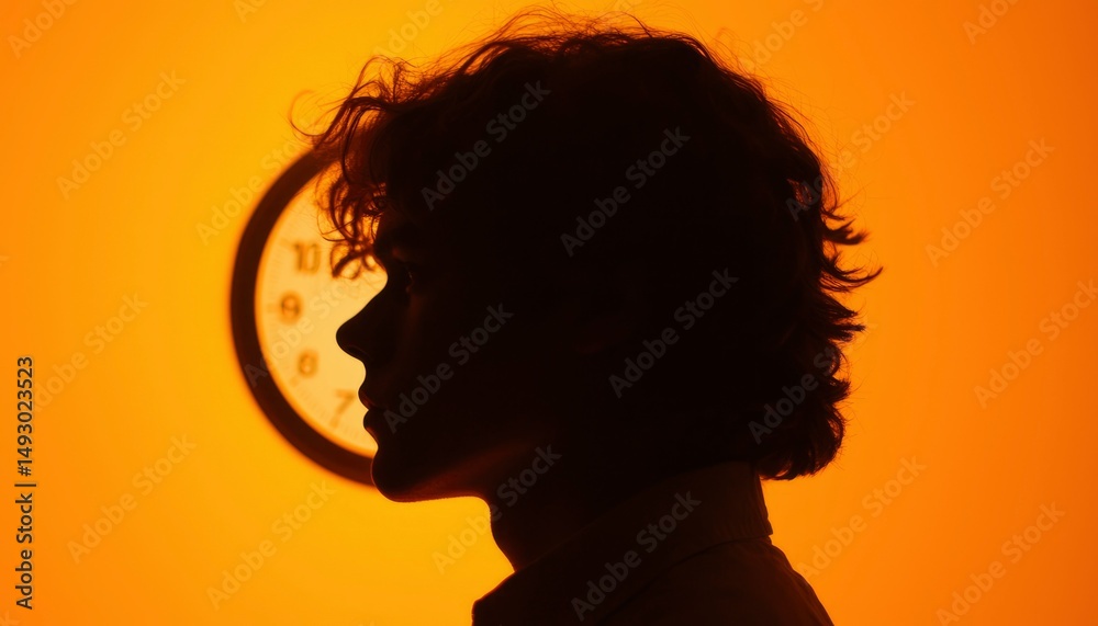 Silhouette of a person, profile view, with a clock in the background Silhouette of a person, profile view, with a clock in the background