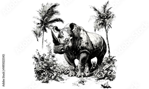 Vintage Rhinoceros Line Art, Monochrome Jungle Sketch, Hand-drawn Safari Etching, Rustic Wildlife Print, Retro Nature Illustration, Black Engraving Style, old zoo animal artwork