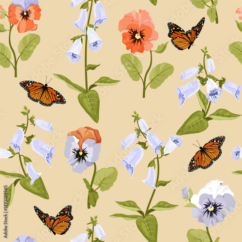Pansies,digitalis and butterflies on a beige background. Seamless vector illustration with delicate flowers. For decorating textiles, packaging.