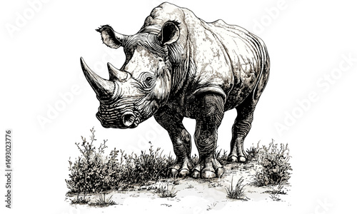 Vintage Rhinoceros Line Art, Hand-drawn Engraving in Savanna, Monochrome Wildlife Sketch, Rustic Animal Print, Old Etching Style, Retro Fauna Illustration, African safari art,