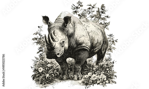 Hand-drawn Rhinoceros in Jungle, Safari Animal Line Art, Vintage Etching, Rustic Wildlife Illustration, Black Sketch Style, Retro Nature Decor, antique jungle engraving