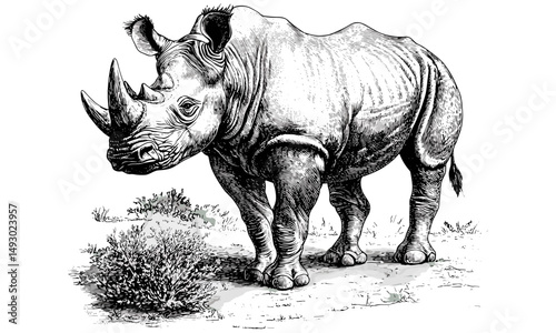 Hand-drawn Rhino in Savanna, Vintage Wildlife Etching, Retro Mammal Illustration, Monochrome Animal Sketch, Old Engraving Style, Rustic Nature Art, African wildlife decor,