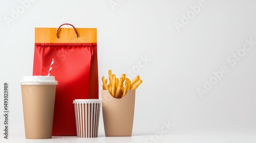 Crispy fries in paper bag with refreshing drink quick and tasty fast food meal