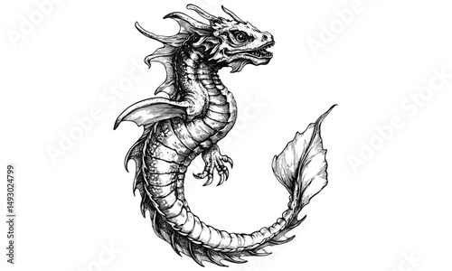 Hand-drawn vintage sea dragon sketch, monochrome ocean creature engraving, trendy marine life illustration, fantasy nautical theme, old style black ink drawing, mythical beast art