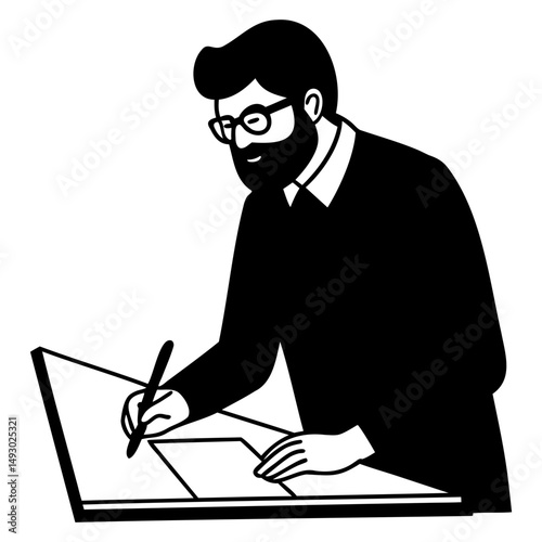 Bearded Architect with Glasses Drawing Blueprint Vector Illustration Transparent Background