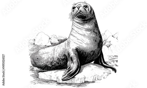 Vintage hand-drawn engraving of marine seal on ice, monochrome sketch, old engraving style, Arctic animal art, coastal decor prints, wildlife illustration, nature art