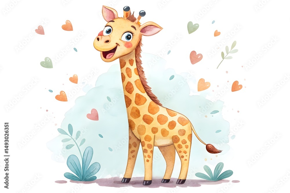 Obraz premium Adorable Cartoon Giraffe Illustration Watercolor Style Cute Animal Kids Design