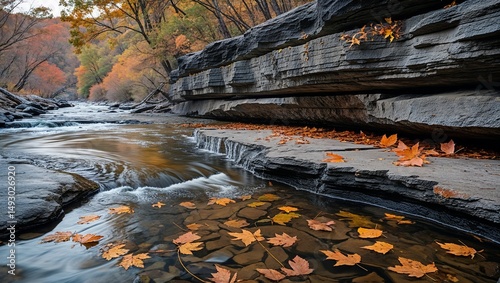 Creek winds beside rock ledge where leaves gather in eddies of meltwater

