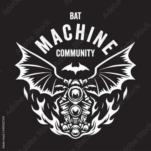 Vintage illustration of a motorcycle engine with bat wings