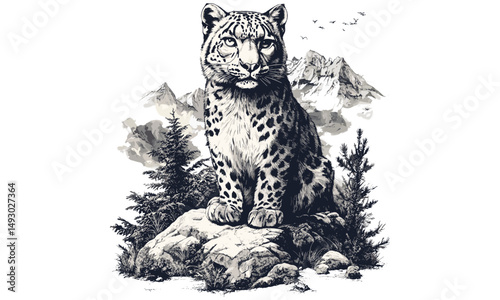 Vintage hand-drawn engraving of snow leopard in mountain, monochrome wild cat sketch, old etching style, nature decor, wilderness art print, wildlife illustration