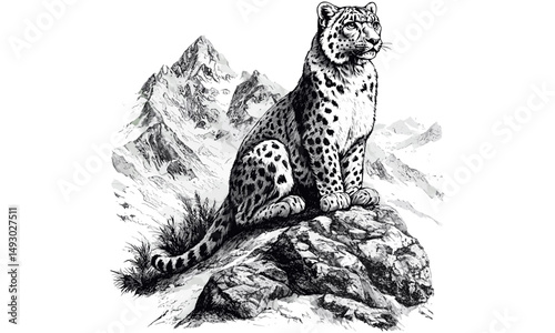Snow leopard hand-drawn etching, vintage mountain wild cat sketch, monochrome engraving style, wilderness and nature decor, wildlife wall art, artistic animal print