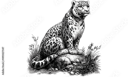 Vintage hand-drawn engraving of snow leopard, monochrome big cat etching, retro wildlife sketch, exotic animal illustration, nature decor art, classic wildlife print