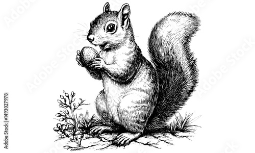 Monochrome forest fauna line art, vintage squirrel engraving, rustic wildlife illustration, hand-drawn nature print, black sketch animal art, old engraving style, trendy woodland animal decor