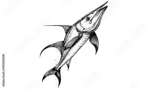 Vintage Swordfish Leaping Engraving, Antique Marine Wildlife Illustration, Rustic Nautical Sketch, Old Ocean Life Drawing Print, Retro Sea Animal Etching, trendy black sketch,