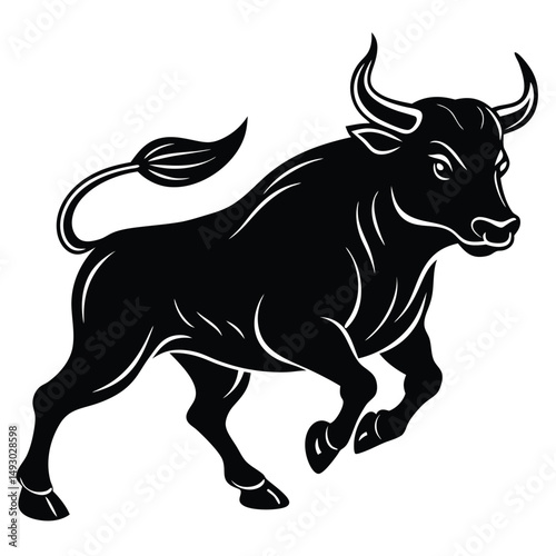 Powerful Black Bull Silhouette Vector Illustration of a Charging Taurus