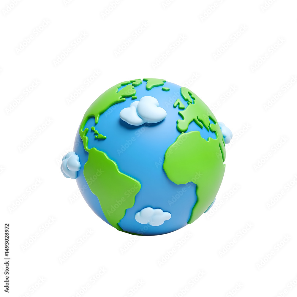 Naklejka premium Simplified 3D earth globe with blue oceans, green continents, and cartoon white clouds.
