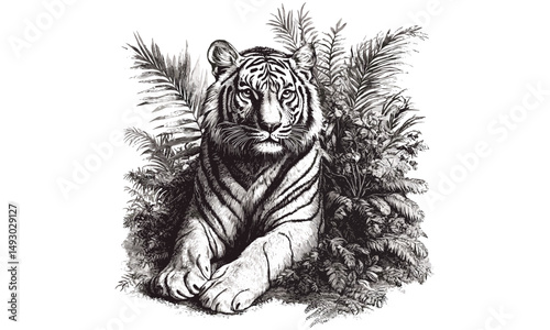 Hand-drawn tiger line art, vintage monochrome wild cat engraving, detailed jungle nature illustration, rustic safari animal etching, retro fauna print, old engraving style, trendy wildlife design