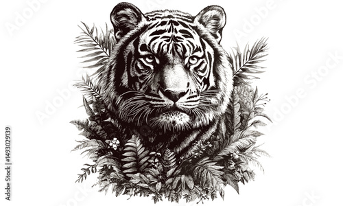 Detailed vintage tiger engraving, monochrome wild cat sketch, jungle animal etching, retro fauna drawing, rustic nature print, classic safari illustration, old engraving style, trendy wildlife art