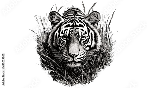 Tiger lurking in grass vintage engraving, monochrome wild cat line art, retro safari animal print, detailed fauna etching, antique wildlife drawing, hand-drawn nature illustration