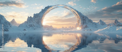 A serene winter landscape with a mirror-like lake, snow-capped mountains, and a surreal glowing structure. Peaceful and dreamlike scene.