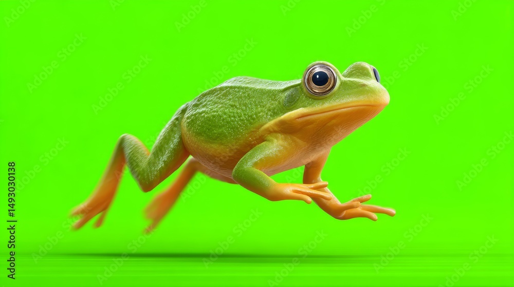 Obraz premium Vibrant Green Cartoon Frog Mid Hop Against Bright Green Background