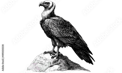 Retro bird of prey engraving, vintage hand-drawn vulture perched on rock, antique wildlife sketch, rustic etching style, old engraving black sketch, classic ornithology drawing, wildlife decor,