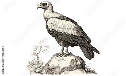 Vintage hand-drawn engraving of vulture perched on rock, antique bird of prey illustration, rustic black sketch, old wildlife etching, retro ornithology drawing, trendy natural history art