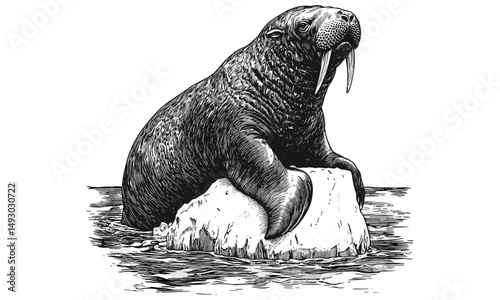 Vintage Walrus Engraving, Rustic Wildlife Illustration, Black and White Marine Mammal Line Art, Ocean Creature Etching, Nautical Fauna Print, trendy wildlife decor, antique style sketch