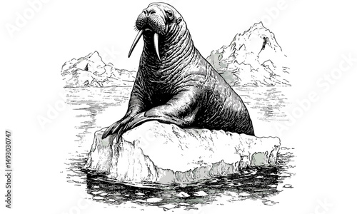 Rustic Wildlife Illustration of Walrus, Vintage Ocean Creature Engraving, Black Sketch, Monochrome Marine Mammal Line Art, Nautical Fauna Print, trendy nature artwork