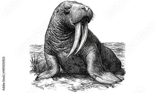 Monochrome vintage walrus etching, antique sea mammal engraving, hand-drawn retro Arctic wildlife sketch, nautical ocean animal art, classic marine wildlife design