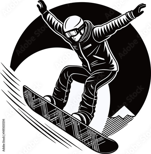 Male snowboarder performing a dynamic jump in a monochrome design.