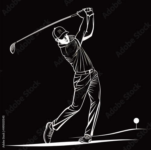 Illustration of a male golfer swinging on a black background.