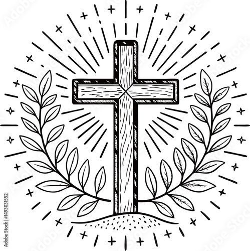 Illustrative wooden cross surrounded by rays and olive branches, symbolizing peace.
