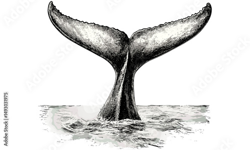 Vintage Whale Tail Engraving, Hand-Drawn Marine Mammal in Ocean, Monochrome Nautical Etching, Black Sketch Style for Coastal Wall Art, Retro Sea Animal Illustration