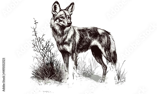 Hand-drawn vintage wild dog engraving, monochrome etching, old black sketch, trendy wildlife decor, African savannah mammal art, classic engraving style, safari animal illustration