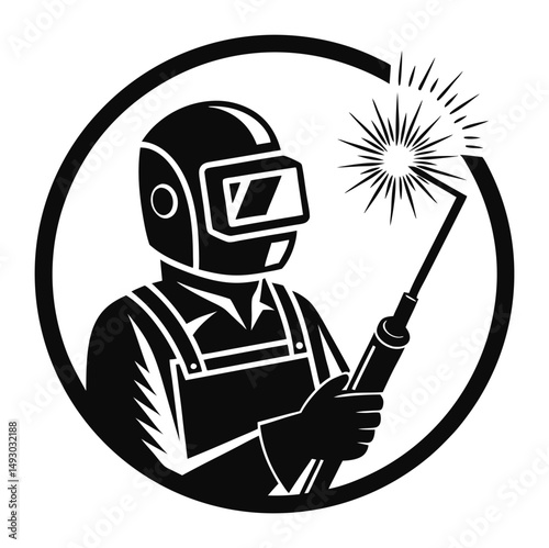 Black and white illustration of a male welder in protective gear creating sparks.