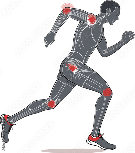 An athletic man running, highlighting pain points in joints for injury awareness.