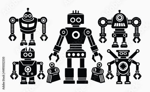 Collection of Retro Robots Black and White Illustrations