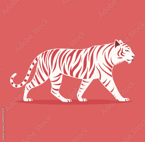 Stylized illustration of a white tiger on a vibrant coral background.