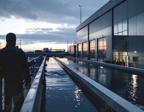 Industrial water treatment facility with man walking at dusk