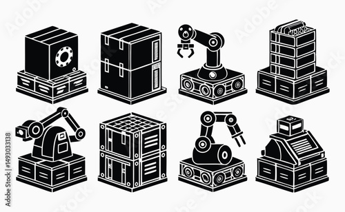 Isometric Icons Set of Industrial Robots and Cargo Boxes
