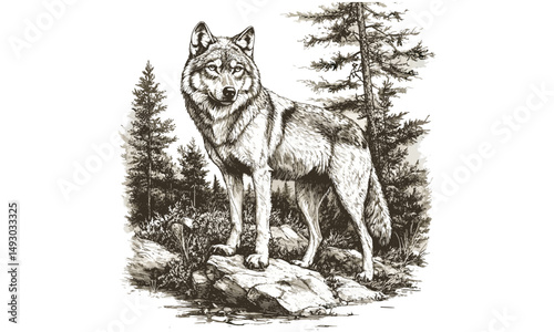 Rustic monochrome animal drawing, vintage wolf staring in distance, old engraving style fauna print, detailed forest wildlife sketch, retro nature wildlife art, trendy wilderness decor