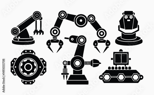 Collection of Robotic Arm Icons Industrial Automation Technology