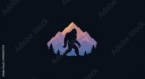 Majestic Bigfoot silhouette against a breathtaking mountain range a mystical scene of wilderness adventure