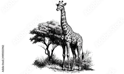 Vintage Safari Giraffe Illustration, Hand-drawn Animal Art, Rustic Wildlife Print, Black Ink Engraving Style, Jungle Nature Sketch, African Decor, forest animal artwork