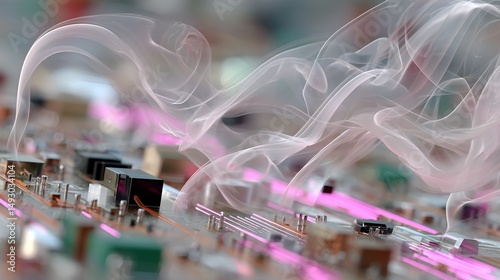 Close-up of electronic circuit board with smoke emanating