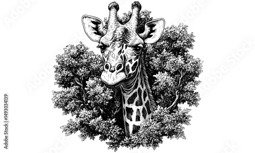 Hand-drawn Giraffe Among Trees, Black Sketch Effect, Vintage Engraving Style, Rustic Safari Animal Art, Detailed Nature Print, African Wildlife Illustration, animal wall decor