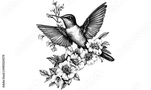Wallpaper Mural Vintage Nature Print, Hand-drawn Hummingbird Among Flowers, Rustic Wall Decor, Black Sketch Effect, Detailed Floral Wildlife Illustration, Engraved Animal Art, Trendy Vintage Wall Art Torontodigital.ca