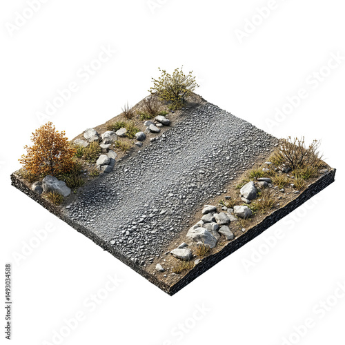 An isometric view of a gravel road with small vegetation